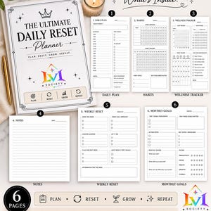 Op de afbeelding: Een dagelijkse reset-planner met een witte kaft met de tekst The Ultimate Daily Reset Planner, Plan, Reset, Grow, Repeat en het LVI Society-logo. De set bevat zes pagina's: dagplan, gewoontes, wellness-tracker, notities, wekelijkse reset en maandelijkse doelen.