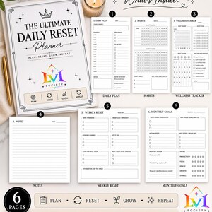 Op de afbeelding: Een dagelijkse reset-planner met een witte kaft met de tekst The Ultimate Daily Reset Planner, Plan, Reset, Grow, Repeat en het LVI Society-logo. De set bevat zes pagina's: dagplan, gewoontes, wellness-tracker, notities, wekelijkse reset en maandelijkse doelen.