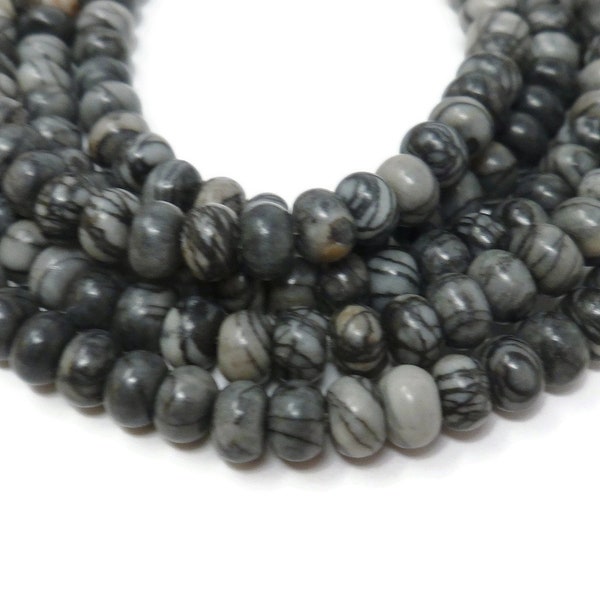 Silk Stone Rondelle Bead - Spider Web Jasper - Net Stone Abacus - Whole Strand - 93 beads - black & gray - black line jasper - netstone