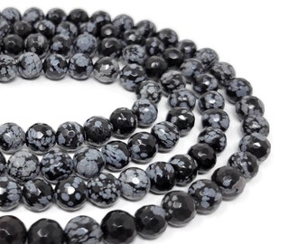 Black Snowflake Obsidian 8mm Faceted Round Bead - Whole Strand - 47 beads - natural spotted black and white stone