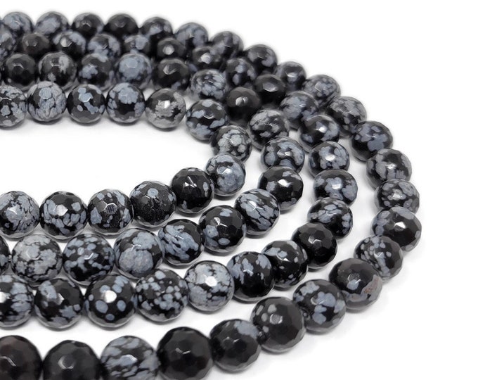 Black Snowflake Obsidian 8mm Faceted Round Bead - Whole Strand - 47 beads - natural spotted black and white stone