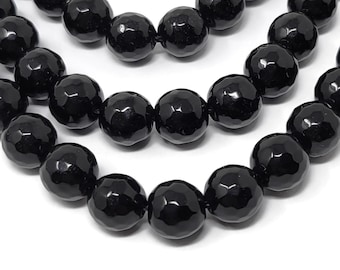 Black Jade 10mm Faceted Round Bead - Whole Strand - 38 beads - shiny black beads with facets