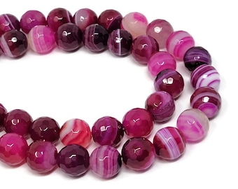 Hot Pink Faceted Banded Agate 10mm Round Bead - 36 Beads - striped magenta and white stone - fuchsia