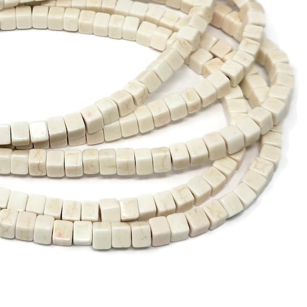 Bone White Cube Bead - around 93 beads - beige synthetic turquoise square beads - whole strand