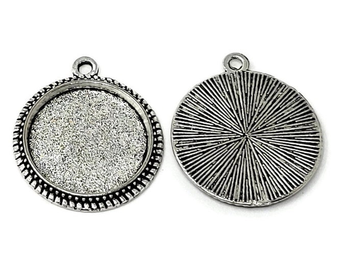 Twenty Antique Silver 16mm Tray Bezel Cabochon Settings - 20 pieces - Tibetan Silver Style Blank - 23mm by 20mm by 2mm - sunburst back