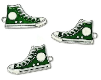 Green Hi Top Basketball Shoe Charm - Two-Sided Silver Enameled Athletic Shoes - Sneaker Pendant - 30mm by 17mm by 2mm - 1 2 3 4 5 6 pcs