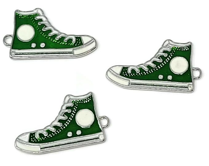 Green Hi Top Basketball Shoe Charm - Two-Sided Silver Enameled Athletic Shoes - Sneaker Pendant - 30mm by 17mm by 2mm - 1 2 3 5 10 25 50 pcs