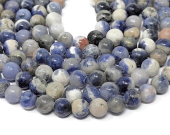 Natural Blue Sodalite 8.5mm Round Bead - Whole or Half Strand - 45 or 23 beads - Blue Spot Jasper - Dark Blue - blue and white stone