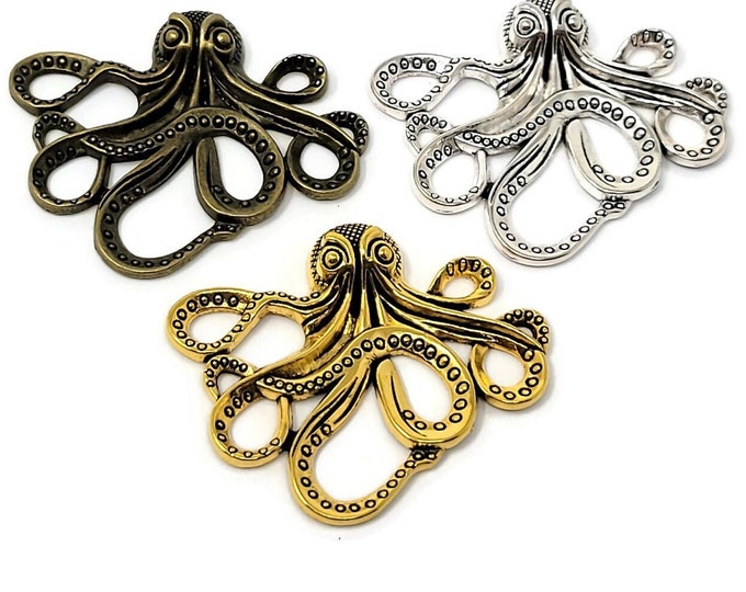 Octopus Embellishment - 43mm x 36mm x 6mm - Antique Silver, Antique Bronze or Gold Finish Octopuses - DIY kraken pendant beach decoration