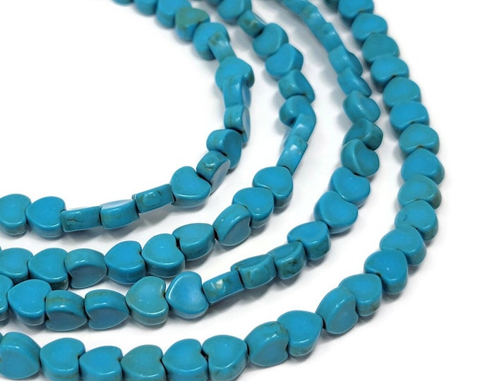 Blue Heart Bead - 6mm by 5mm by 3mm - Whole Strand - 76  beads - synthetic turquoise small flat hearts