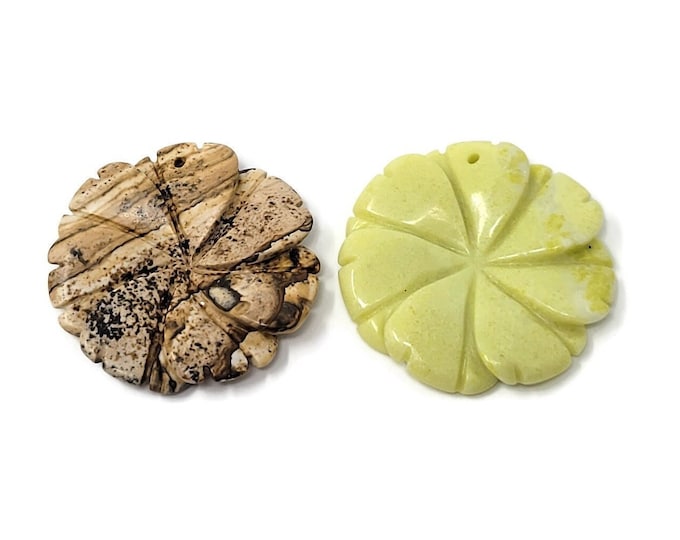 Picture Jasper Large Flower Pendant - Serpentine Top Drilled Carved Pinwheel - 40mm by 8mm - Over 1.5 inches - DIY Stone Focal