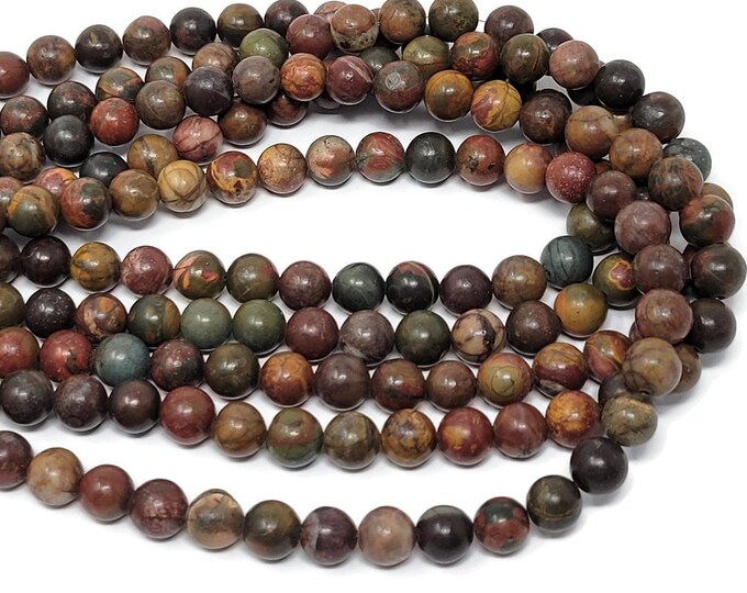 Picasso Jasper 8mm Round Bead - Red Creek Jasper - Whole Strand - 45 beads - mixed color natural stone - autumn - maroon green gray stone