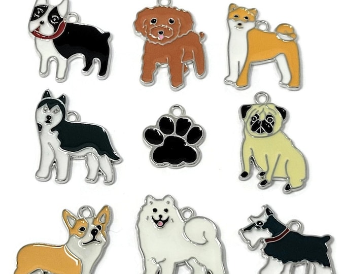 Dog Charm Set - nine dogs for bracelets necklaces keychains - pug terrier scottie puppy samoyed corgi husky shiba inu silver enamel charms