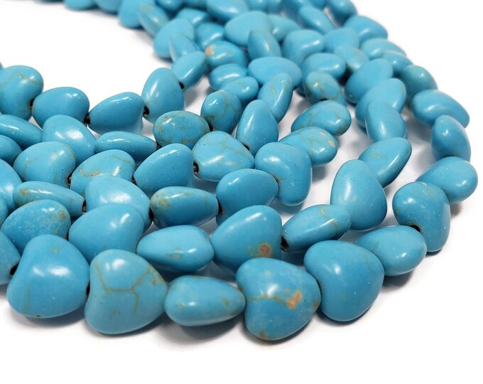 Blue Heart Bead - 42 beads - 10mm by 10mm by 6mm - Whole Strand - sky blue synthetic turquoise puffed hearts
