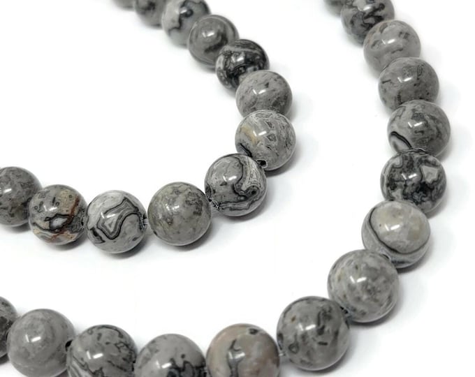 Scenery Jasper 8mm round bead - Black and Gray Stone - Whole Strand - 46 beads - Grey Picasso - swirled natural stone