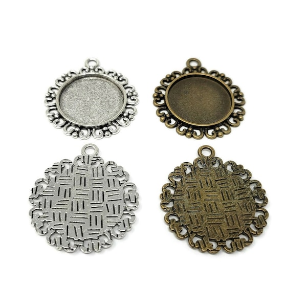 Antique Silver or Bronze Bezel 20mm Tray Necklace Pendant Cabochon Setting - DYI Blank Bezel Cup - 34mm x 30mm x 2mm - 1 2 5 10 25 50 pcs