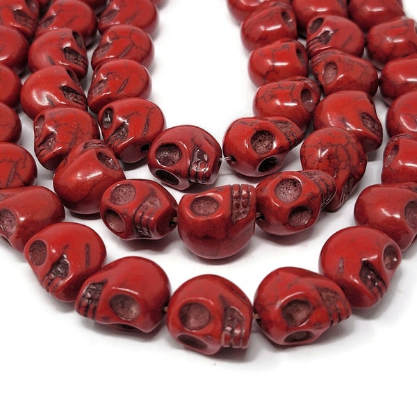 Large Red Skull Bead - 15mm x 14mm x 12mm - 26 beads - Whole Strand - Synthetic Turquoise Skulls - red howlite beads