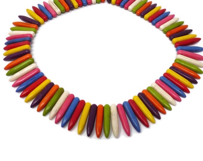 Rainbow Howlite Spike Collar Stick Bead - 25mm by 5mm - Whole Strand - Mixed Color Synthetic Turquoise Tusk Dagger - 80 beads - colorful mix
