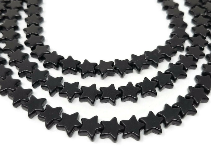 Black Howlite Flat Star Bead - 12mm by 11mm by 4.5mm - 40 beads - Whole Strand - synthetic turquoise black stars