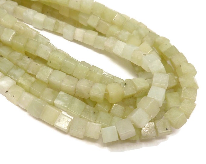 Pale Green New Jade or Bowenite Cube Bead - 6.5mm by 6.5mm - Square - Full Strand - 64 beads - Yellow-Green Translucent Stone