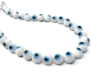 Blue Evil Eye Bead 10mm Round Lampwork Glass - White Blue and Black - Whole Strand - target - circle - handmade - 38 beads - blue eyeball