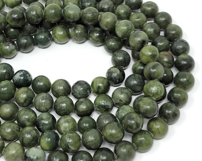 Green Serpentine 10mm Round Bead - 38 beads - Whole Strand - natural dark green and black opaque stone - moss new jade