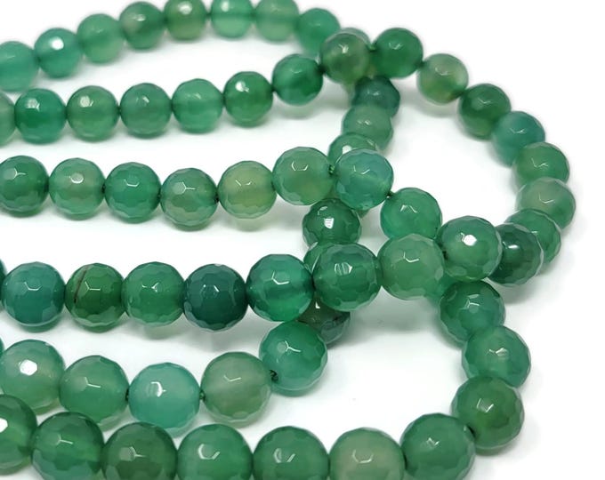 Emerald Green Agate 8mm Faceted Round Bead - Whole Strand - 47 beads - translucent green stone
