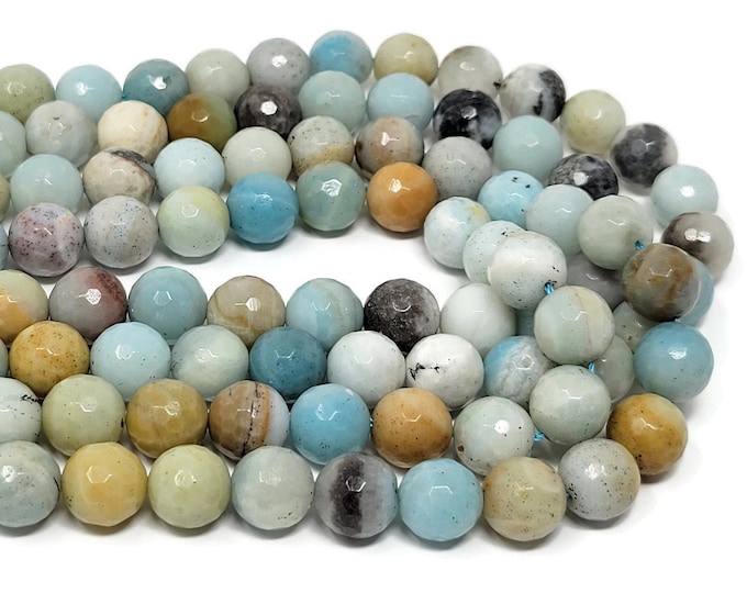 Flower Amazonite Faceted 12mm Round Bead - 31 beads - Whole Strand - aqua blue black brown white stone - colorful mixed multi-color
