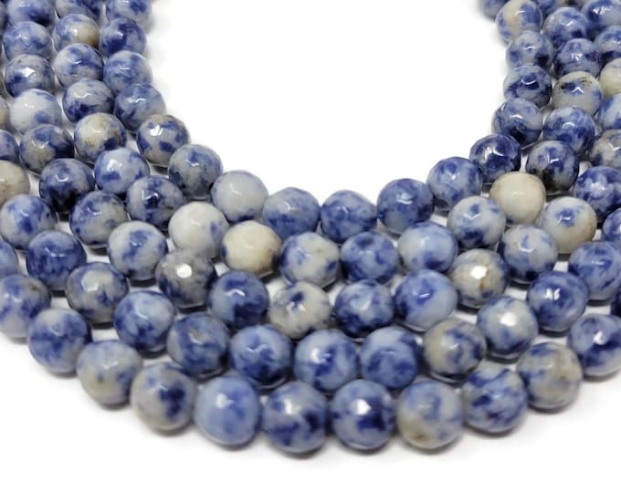 Blue Spot Jasper Faceted 6mm Round Bead - whole strand - 60 beads - natural blue and white spotted stone - blueberry - navy