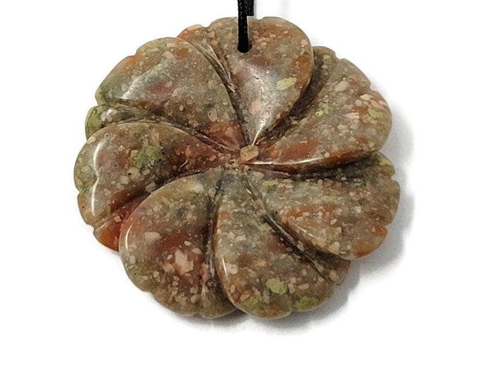 Autumn Jasper Large Carved Green Stone Flower Pendant - Top Drilled - green red pink stone - 35mm by 7mm - natural