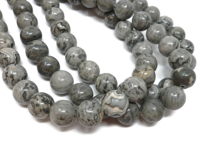 Scenery Jasper 12mm round bead - Black and Gray Stone - Whole Strand - 32 beads - Grey Picasso Jasper - Crazy Lace - Map Stone