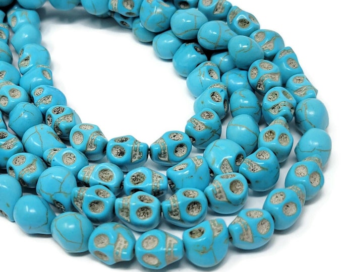 Blue Turquoise Skull Bead - 10mm by 9mm by 8mm - 37 beads - Howlite Skulls - Whole Strand - Sky Blue Synthetic Turquoise