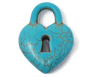 Blue Heart Padlock - large heart-shaped synthetic turquoise necklace or bracelet charm