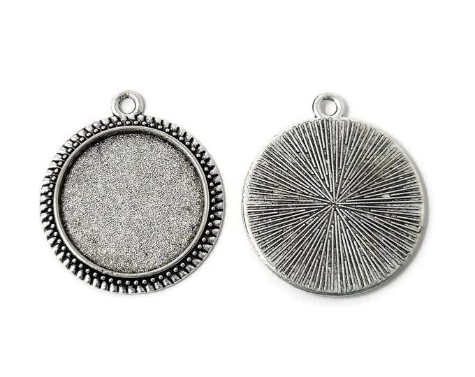 Antique Silver Bezel: 20mm Tray Cabochon Pendant with Starburst Back