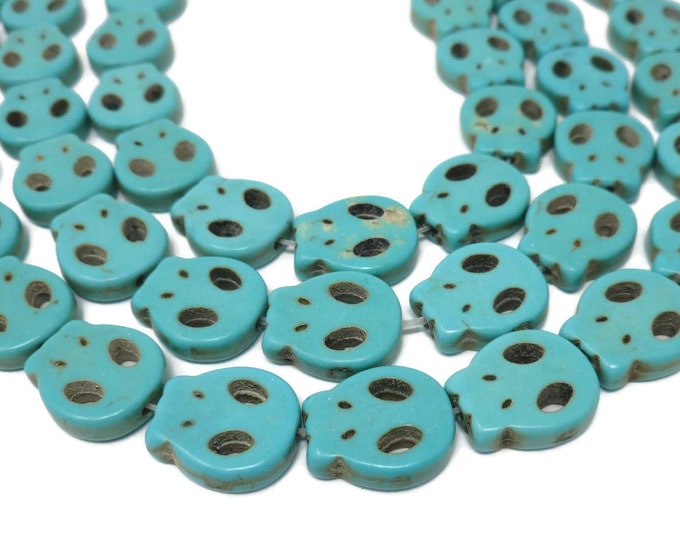 Blue Howlite Flat Skull Bead - 15mm by 13mm by 4mm - 28 beads - synthetic turquoise skulls - Whole Strand