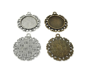 Antique Silver or Bronze Bezel 20mm Tray Necklace Pendant Cabochon Setting - DYI Blank Bezel Cup - 34mm by 30mm by 2mm - 1 2 5 10 25 50 pcs