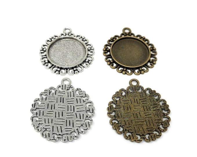 Antique Silver or Bronze Bezel 20mm Tray Necklace Pendant Cabochon Setting - DYI Blank Bezel Cup - 34mm by 30mm by 2mm - 1 2 5 10 25 50 pcs