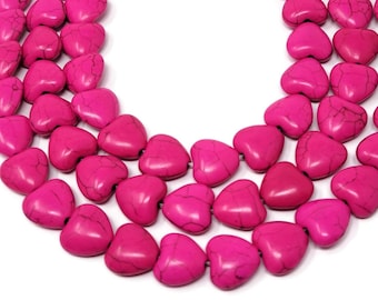 Pink Heart Bead - 12mm by 12mm by 6mm - 36 beads - Whole Strand - bright pink synthetic turquoise hearts