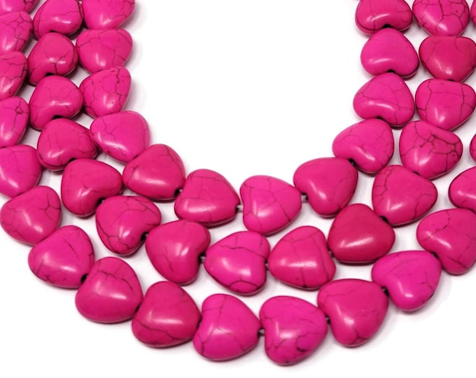 Pink Heart Bead - 12mm by 12mm by 6mm - 36 beads - Whole Strand - bright pink synthetic turquoise hearts