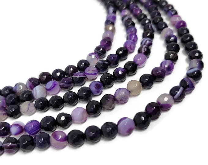 Purple Madagascar Agate Faceted 6mm Round Bead - Striped - 61 beads - Whole Strand - banded grape black and white stone - violet