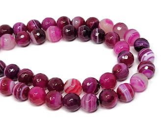 Hot Pink Faceted Banded Agate 10mm Round Bead - 36 Beads - striped magenta and white stone - fuchsia