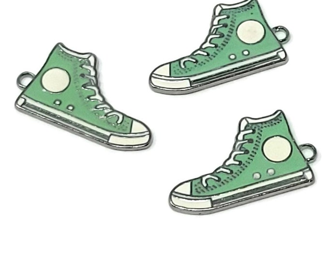 Sea Foam Green Hi Top Basketball Shoe Charm - Two-Sided Silver Enameled Light Green Sneaker Pendant - 1 2 3 5 10 25 50 pieces