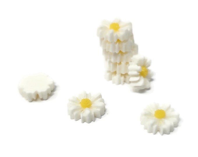 Small Daisy Cabochon - White and Yellow Petite Plastic Flower - 8mm by 3mm - 10 20 50 75 pcs - Bulk - DIY - Tiny Resin Flowers for Crafts