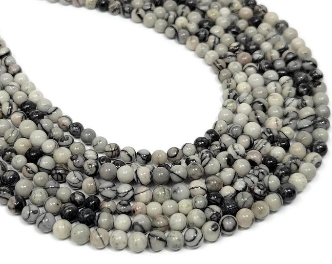 Natural Black and White Silk Stone 4mm Round Bead - 110 beads - Whole Strand - Net Stone - Spider Web Jasper - small stone bead