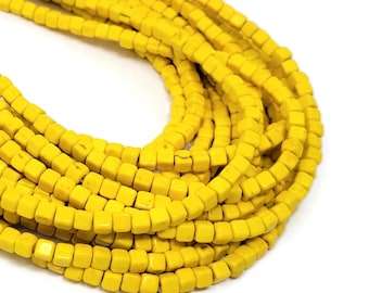 Mustard Yellow 4mm Cube Bead - around 87 beads - lemon synthetic turquoise