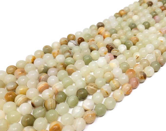 Italian Onyx 10mm Round Bead - 36 beads - Full Strand - Flower Jade - Striped Banded Onxy - Cream Pale Green Stone - Calcite