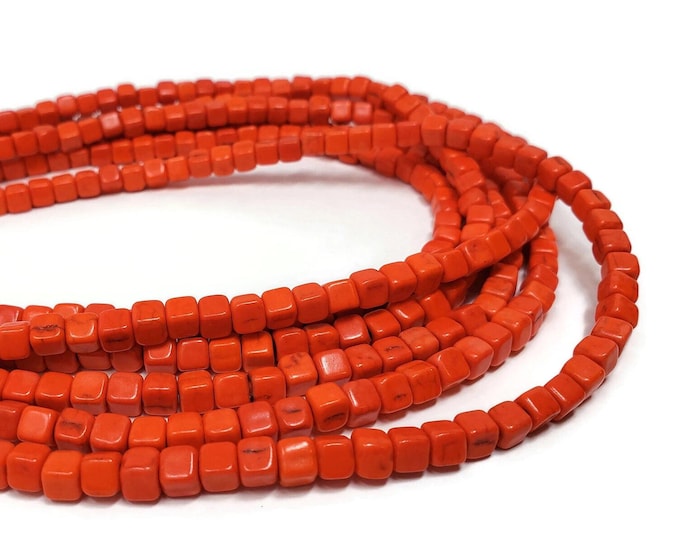 Orange Cube Bead 4mm by 4mm - Whole Strand - 90 beads - Bright Orange Mandarin synthetic turquoise