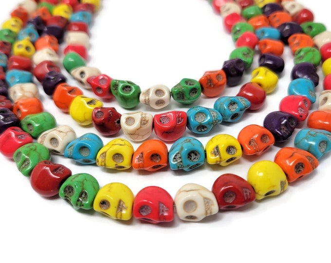 Rainbow Skull Beads - 10mm by 9mm by 8mm - 38 beads - Mixed Color Howlite Skulls - Whole Strand - colorful synthetic turquoise mix