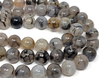 Gray Agate 14mm Round Bead - 28 beads - taupe black white and gray stone beads- large round neutral stone beads