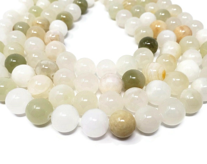 Italian Onyx 12mm Round Bead - Calcite - Banded Striped - 33 beads - whole strand - pale yellow green cream white stone - flower jade